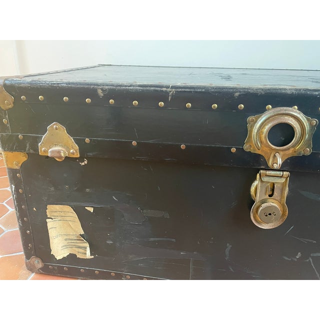 Antique Black Cabin-Size Steamer Trunk With Brass Hardware For Sale - Image 4 of 8