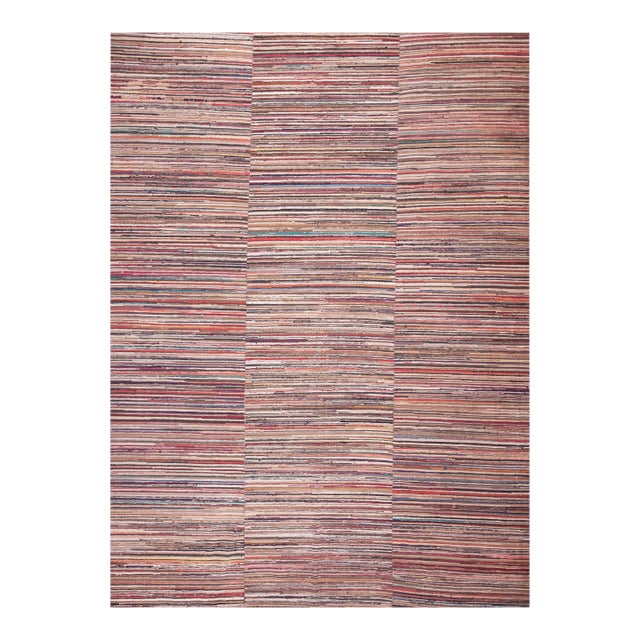 1920s Multicolor Earth Tone Stripe Antique American Rag Rug 8' 6" X 12' 0" Knotted Wool Carpet For Sale