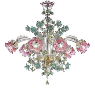 Classical Luxury Venetian Pink and Green Floreal Murano Glass Chandelier. For Sale
