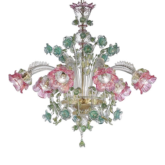 Classical Luxury Venetian Pink and Green Floreal Murano Glass Chandelier. For Sale