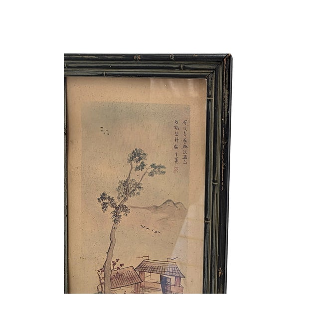 Pair of Mid-Century Antique Japanese Landscape Watercolors - Ebonized Bamboo Framed For Sale - Image 12 of 15