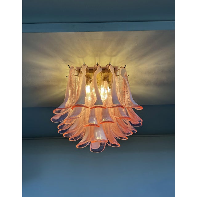 Rose Murano Ceiling Chandelier | 32 Pink Glass and Lattimio Petals in a Contemporary | Mid Century Style For Sale - Image 8 of 11