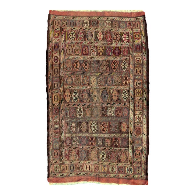 Vintage Handwoven Flatwoven Polychrome Sumac in Neutral Tone. For Sale