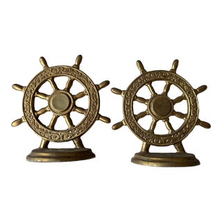 1980’s Brass Ship Wheel Bookends - a Pair For Sale
