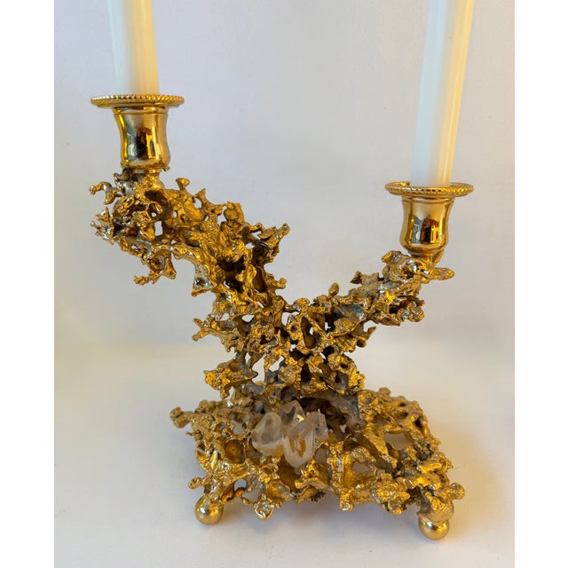 1970s Pair of Gilt Bronze and Quartz Candlesticks by Boeltz, France, 1970s For Sale - Image 5 of 12