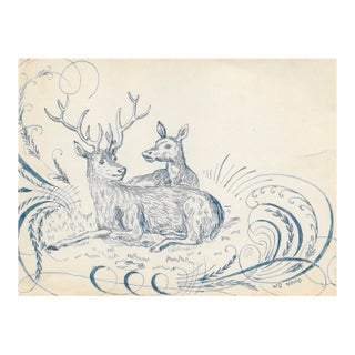 1940s Stag Drawing by William Wood For Sale