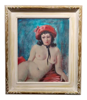 Mancini 1960s Nude Brunette Wearing a Red Hat -Oil Painting