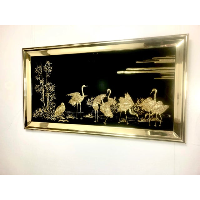 Chinoiserie 1960s Large Black Glass Chinoiserie Wall Art With Gold Herons For Sale - Image 3 of 7