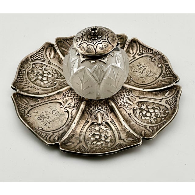 Silver Outstanding Antique Victorian Hand Made London Sterling Silver & Hand Gut Crystal Inkwell - Circa 1865 For Sale - Image 8 of 18