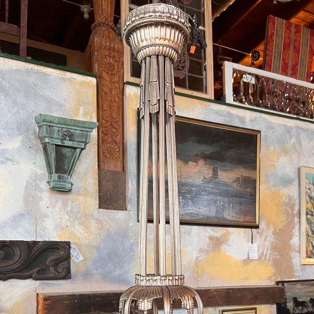 White Vintage French Georges Leleu Art Deco Cast Metal and Glass 9-Light Chandelier For Sale - Image 8 of 12