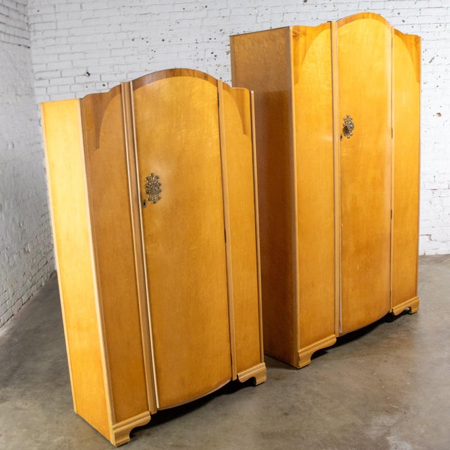 Art Deco Pair of Early to Mid-20th Century Vintage English Art Deco Style Wardrobes Burled Maple & Walnut Frames For Sale - Image 3 of 18