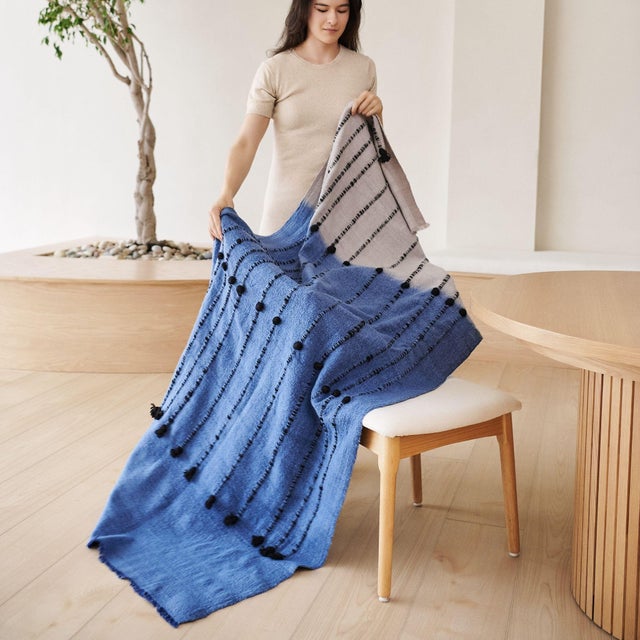 Mari Serene Blue Gray Calming Hues Hand Woven Hand Knotted Textured Merino Throw For Sale - Image 9 of 10