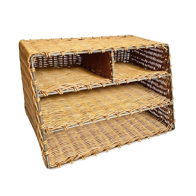 Shabby Chic Vintage Woven Wicker & Steel Desk Organizer For Sale - Image 3 of 4