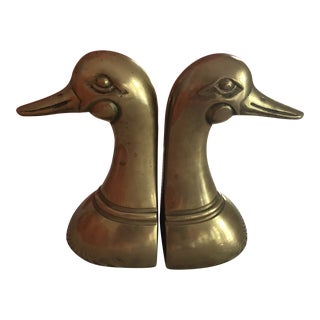 1970s Vintage Brass Duck Book Ends- A Pair For Sale