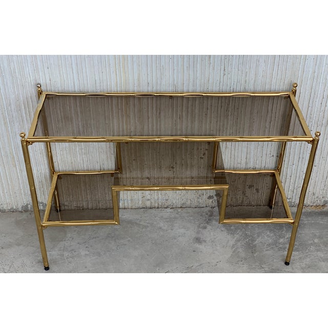 Mid-Century Modern Italian Faux Bamboo Gilt Metal Console With Smoked Glass For Sale - Image 4 of 13