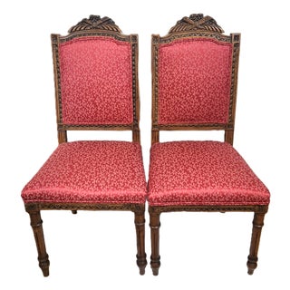 Pair Antique French Louis XVI Carved Walnut Upholstered Side Chairs For Sale