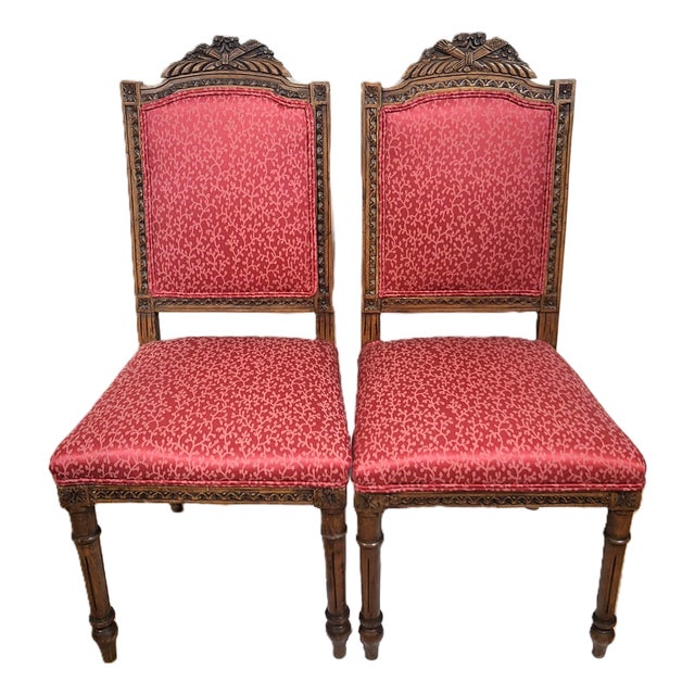 Pair Antique French Louis XVI Carved Walnut Upholstered Side Chairs For Sale
