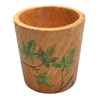 Vintage Hand-Painted Teak Wood Botanical Cachepot For Sale