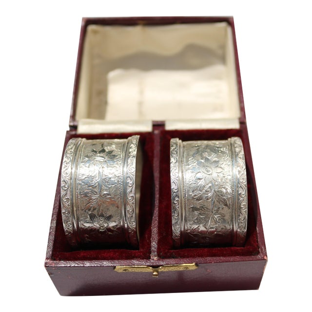 Antique John Thompson & Sons Sterling Silver Napkin Rings in Box- Set of 2 For Sale