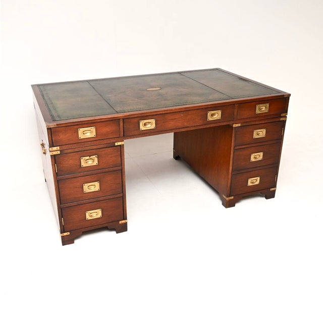Antique Leather Top Military Campaign Partners Desk, 1950 For Sale - Image 11 of 11
