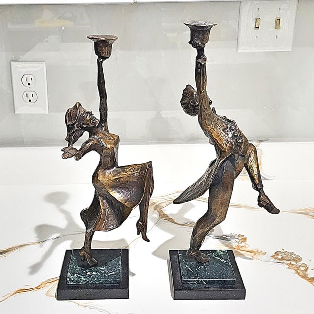 Mid 20th Century Mid 20th Century Art Deco Bronze Dancing Couple Candleholders on Marble Bases For Sale - Image 5 of 18