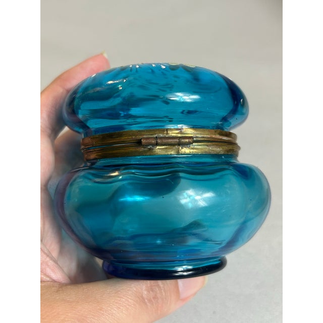 Late 19th Century Antique Victorian Attributed to Moser Vanity Powder Jar Painted Blue Bohemian Glass Brass Hinge For Sale - Image 5 of 12