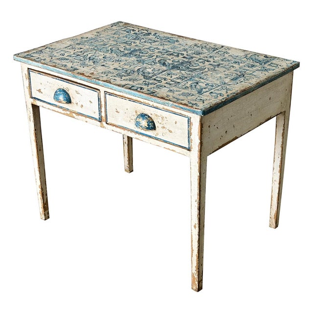 English Pine Table with Faux Delft Tile Painted Top For Sale - Image 4 of 12
