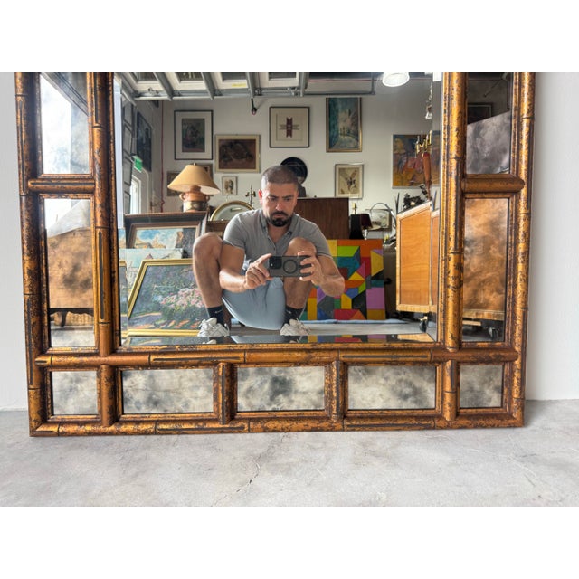 Hollywood Regency Faux Bamboo Carved Wall Mirror With Tortoise Shell Finish/Sold For Sale - Image 4 of 11