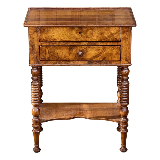 Midcentury English Walnut Side Table with Drawers and Turned Legs For Sale