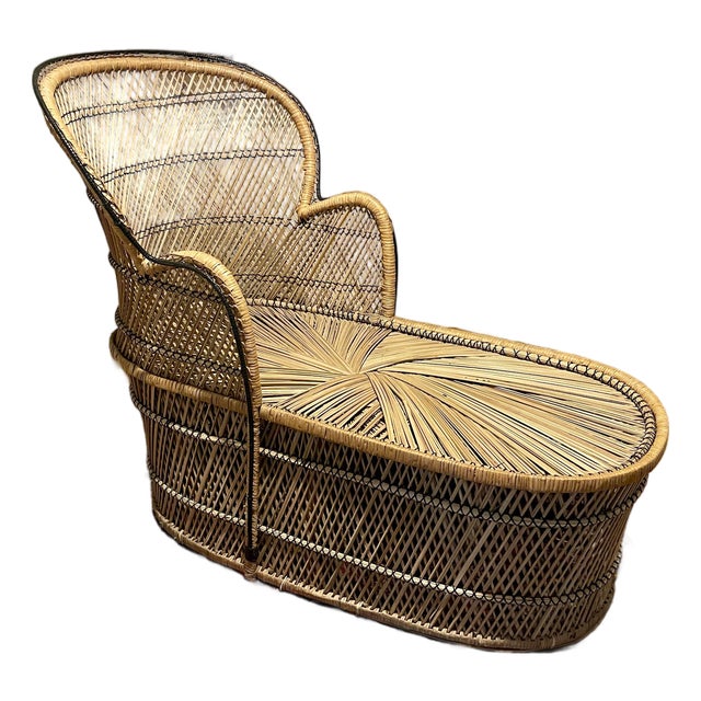 Vintage Rattan Peacock Chaise Lounge Chair For Sale