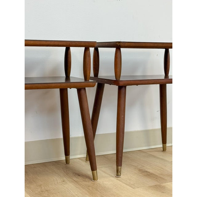 Mid 20th Century Vintage End Tables MCM Atomic Two-Tier Wood Laminate Pair Retro Accent For Sale - Image 5 of 15