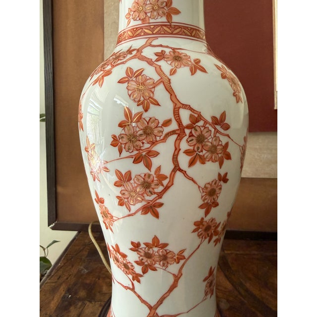 Vintage Chinoiserie Cherry Blossom Bird Table Lamp, Cinnamon and White Asian Floral Ceramic Lamp For Sale In Chicago - Image 6 of 11