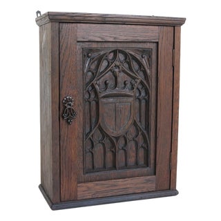 Antique French Neo-Gothic Wall Cabinet in Hand-Carved Wood, 19th Century For Sale
