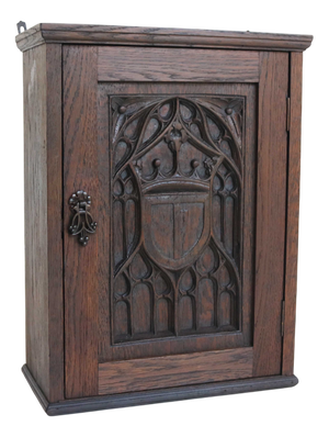 Antique French Neo-Gothic Wall Cabinet in Hand-Carved Wood, 19th Century