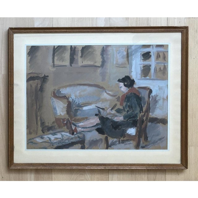 C.A., Dame en pleine écriture, Watercolor on Paper, Framed For Sale - Image 10 of 10