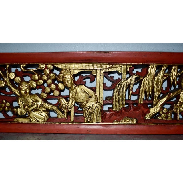 Vintage Carved & Figural Chinese Rectangular Wall Plaque in a Cinnabar Finish For Sale - Image 4 of 12