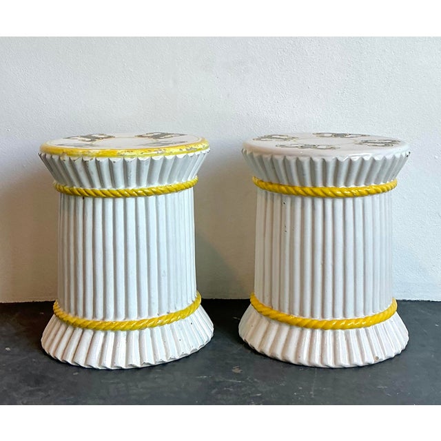 These striking vintage Spanish ceramic stools offer a vibrant blend of Mediterranean charm and Hollywood Regency poise....