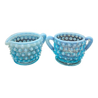 Vintage Fenton Blue Opalescent Hobnail Glass Cream and Sugar Set For Sale