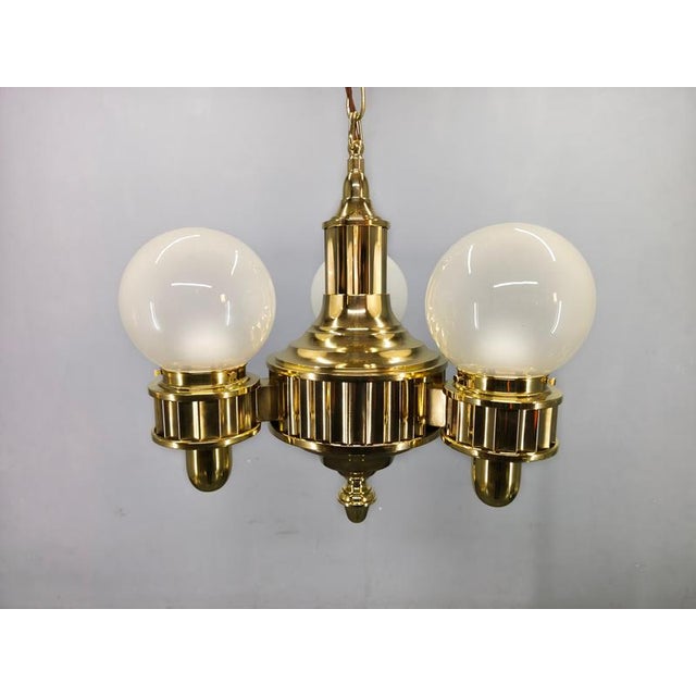 Art Deco Brass and Opaline Glass Chandelier, Czechoslovakia, 1930s For Sale - Image 3 of 12