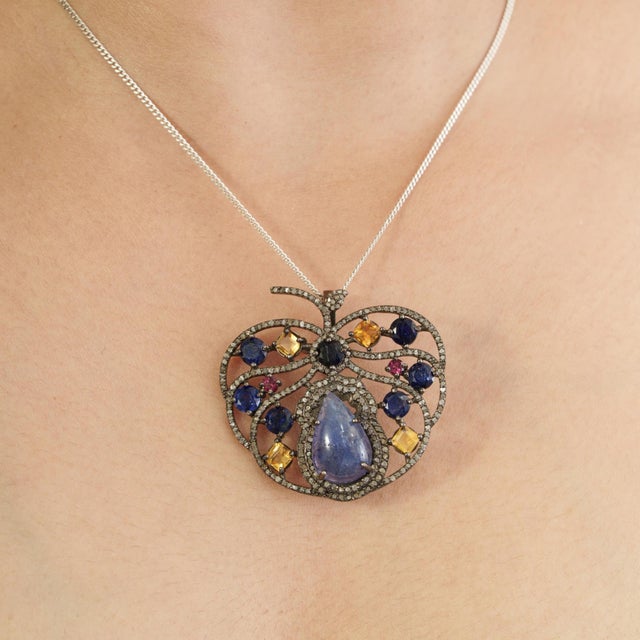 Metal Whimsical Orchard 7.5 Ct Tanzanite, Ruby & Citrine Apple Brooch Pendant in 925 Silver For Sale - Image 7 of 15