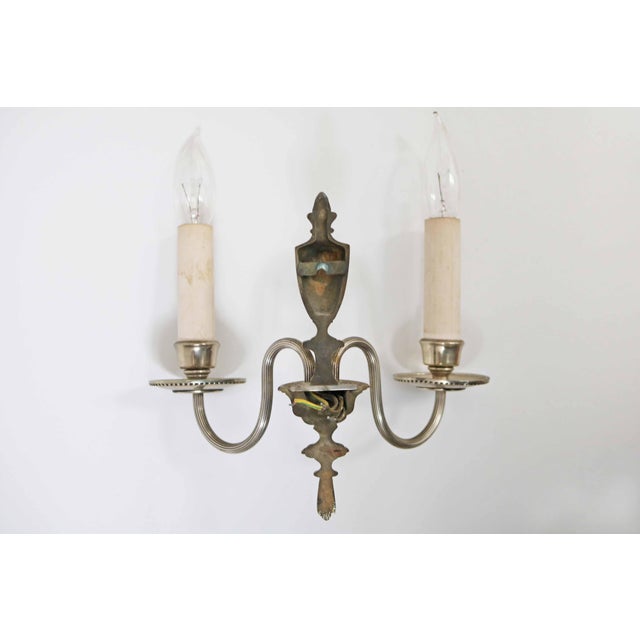Metal Neoclassical Louis XVI Regency Style 2-Light Wall Lights in Silver, Italy, 1980s, Set of 3 For Sale - Image 7 of 8