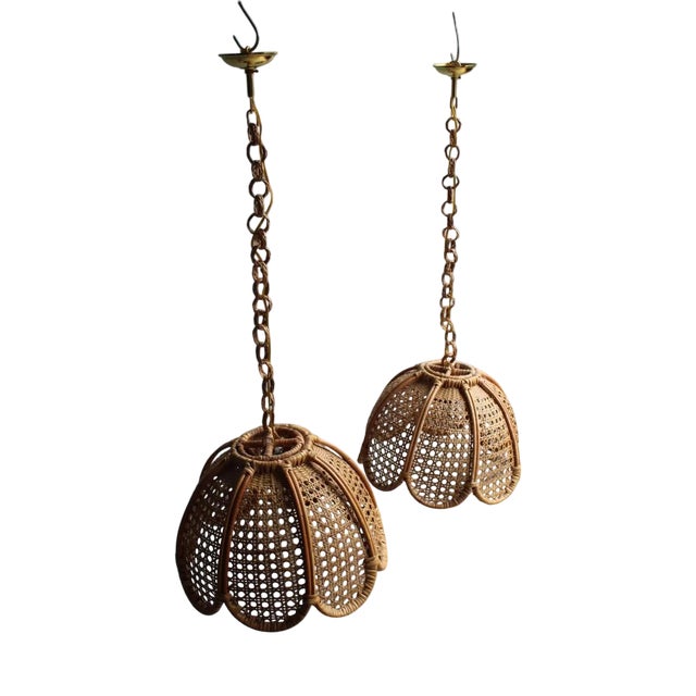 Bamboo, Straw and Brass Pendants, Italy, 1970s, Set of 2 For Sale