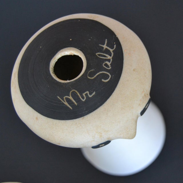 Taupe 1980s David Gil for Bennington Potters Mr. Salt and Mrs. Pepper Ceramic Shakers Cork Stoppers For Sale - Image 8 of 12