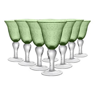 Late 20th Century Handmade Italian Green to Clear Glass Footed Wine Goblets- Set of 8 For Sale