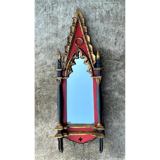 Vintage Gothic Revival Wood and Mirrored Glass Wall Mirror For Sale - Image 9 of 12