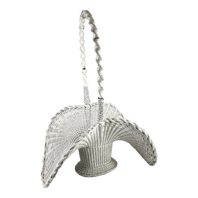 Antique White Wicker Victorian Hand Woven Artisan Butterfly Basket For Sale