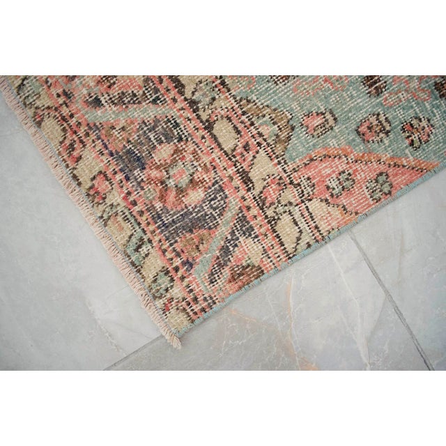 3x12 Vintage Oushak Runner Rug, Faded Salmon Pink and Sage Green Hallway Runner, 1970s Handmade Anatolian Corridor Rug, Kitchen Runner For Sale - Image 11 of 13