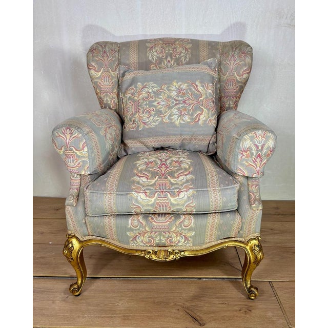 French Louis XV Style Upholstered Armchairs with Giltwood Frames, 1940, Set of 2 For Sale - Image 9 of 12