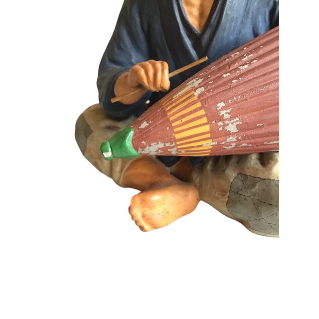 Japanese Vintage Mid 20th Century Hakata Urasaki Dolls Japanese Chalkware Elder Male Umbrella Figurine Statue For Sale - Image 3 of 12