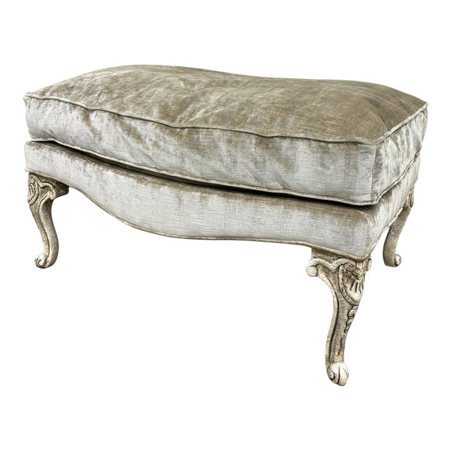 Louis XV Carved Painted Distressed Striped Upholstered Ottoman For Sale
